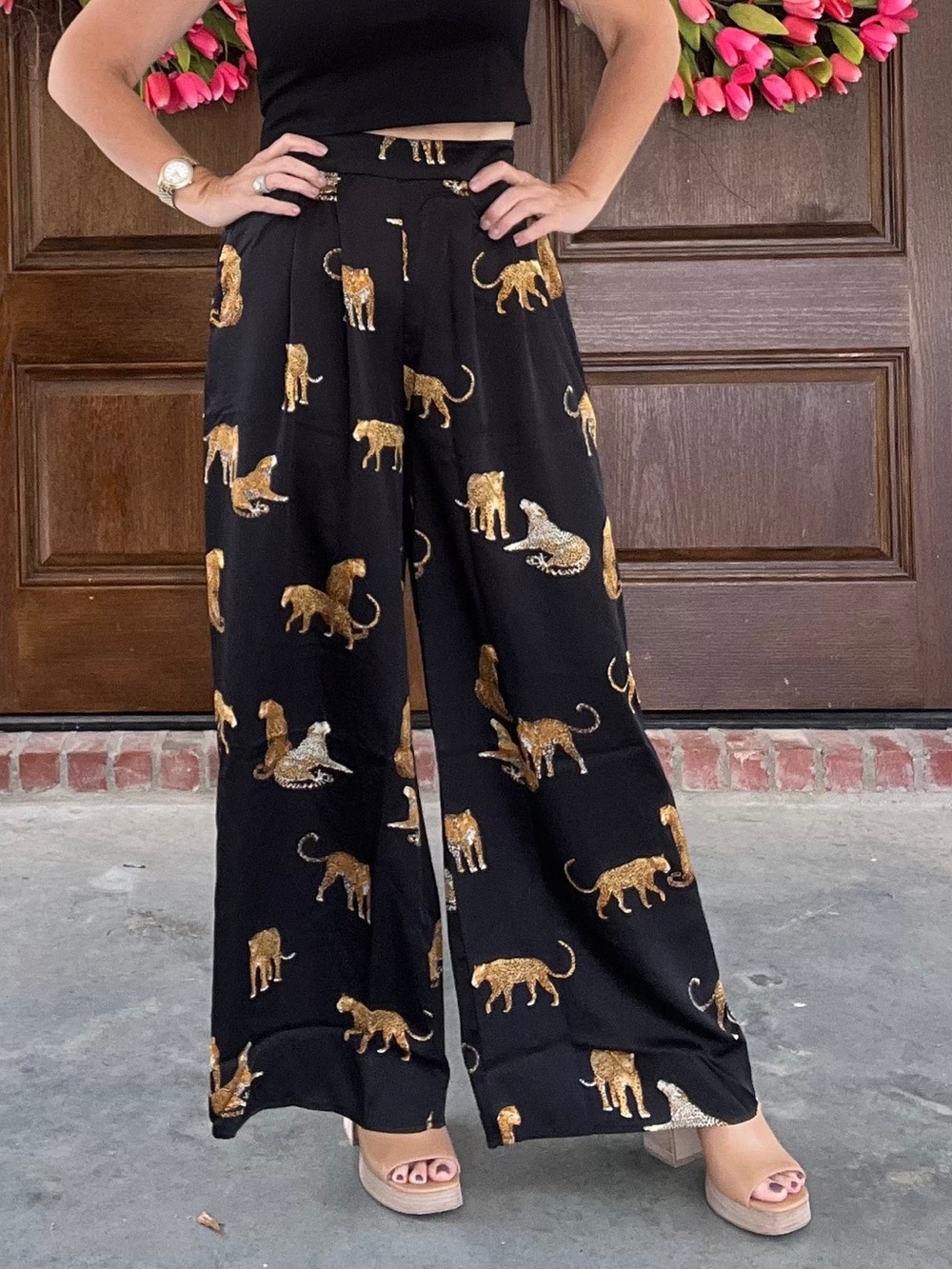 Peach Wide Leg Black Pants with Cheetah / Leopard Big Cat Print Satin Feel NWT